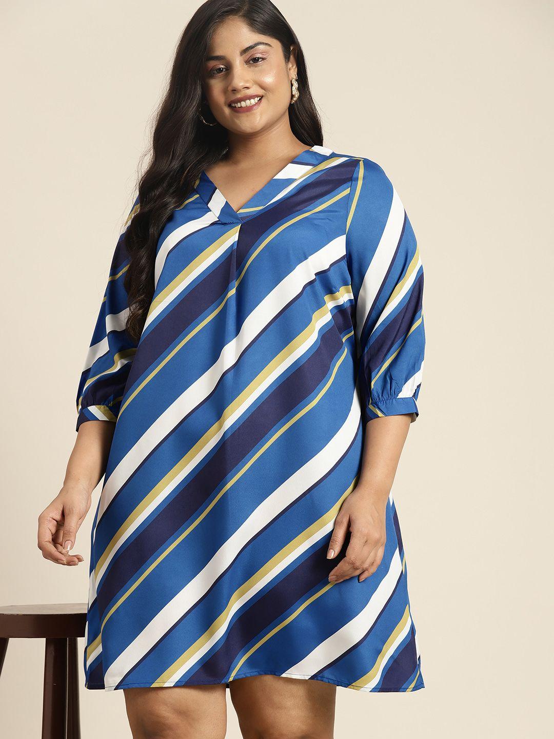 sztori plus size striped v-neck pleat detail a-line dress