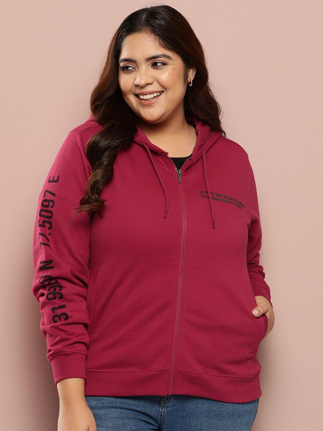 sztori plus size typography printed front-open hooded sweatshirt