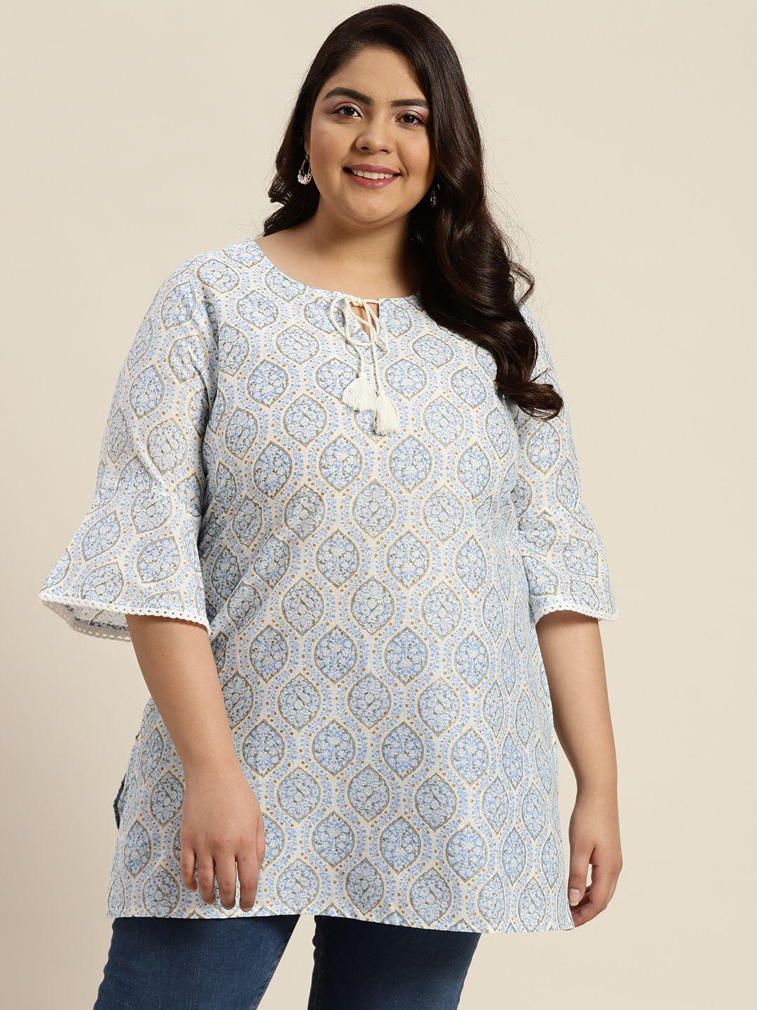 sztori plus size white & blue pure cotton printed flared sleeves kurti