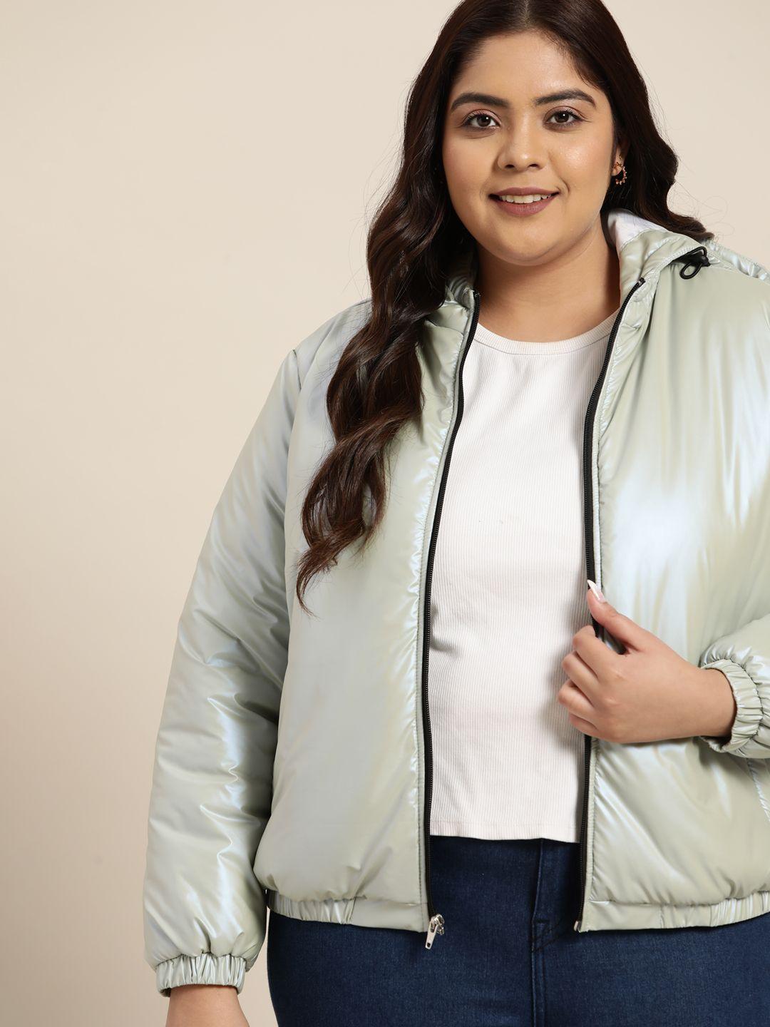 sztori plus size women blue solid padded jacket