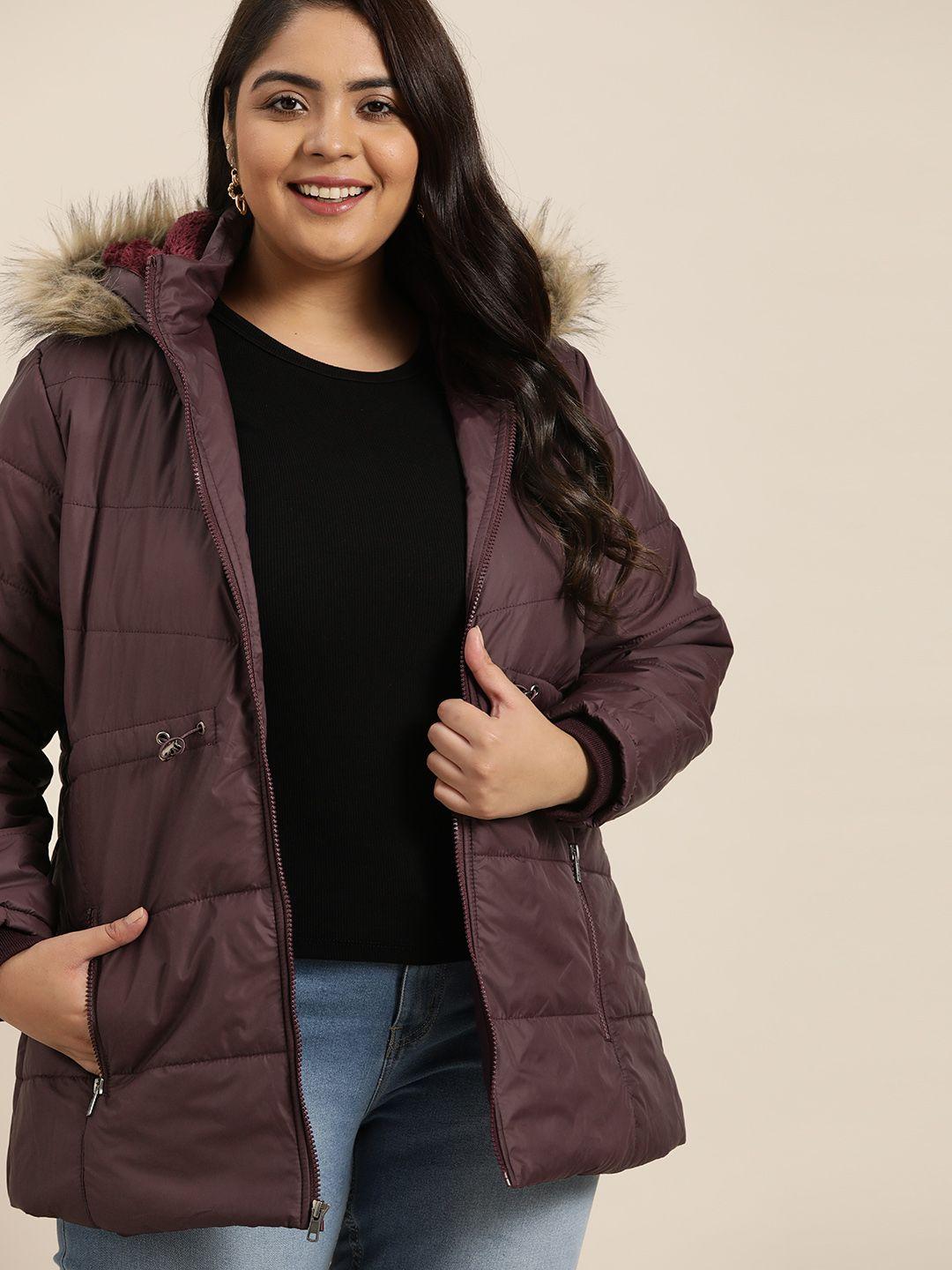 sztori plus size women burgundy solid hooded parka jacket