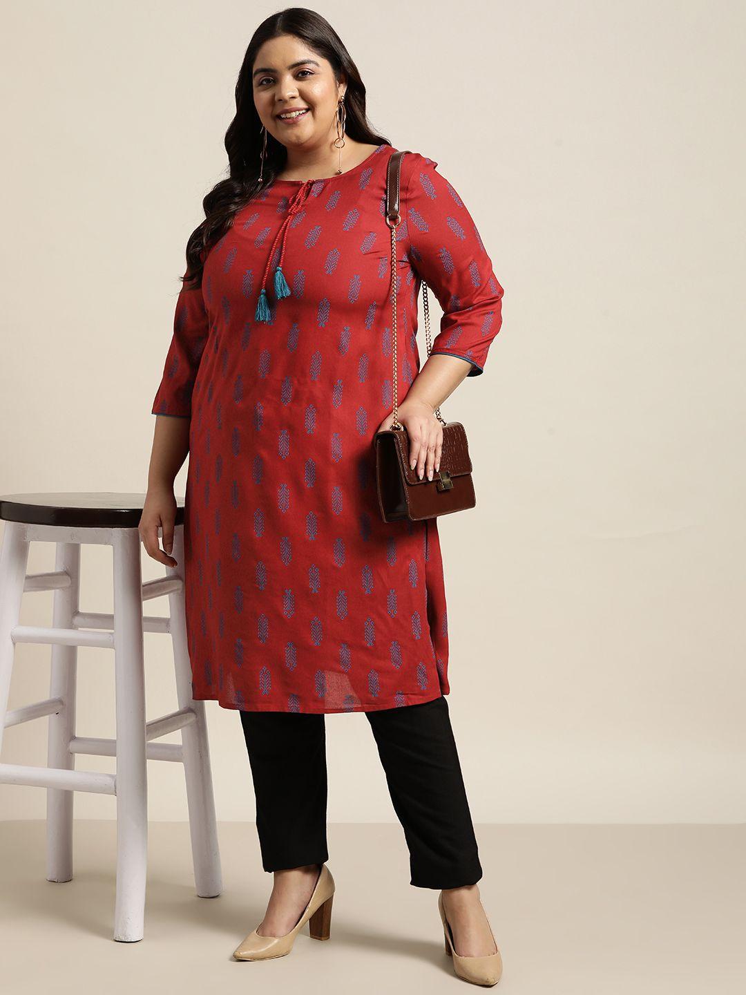 sztori plus size women maroon & blue ethnic motifs printed kurta