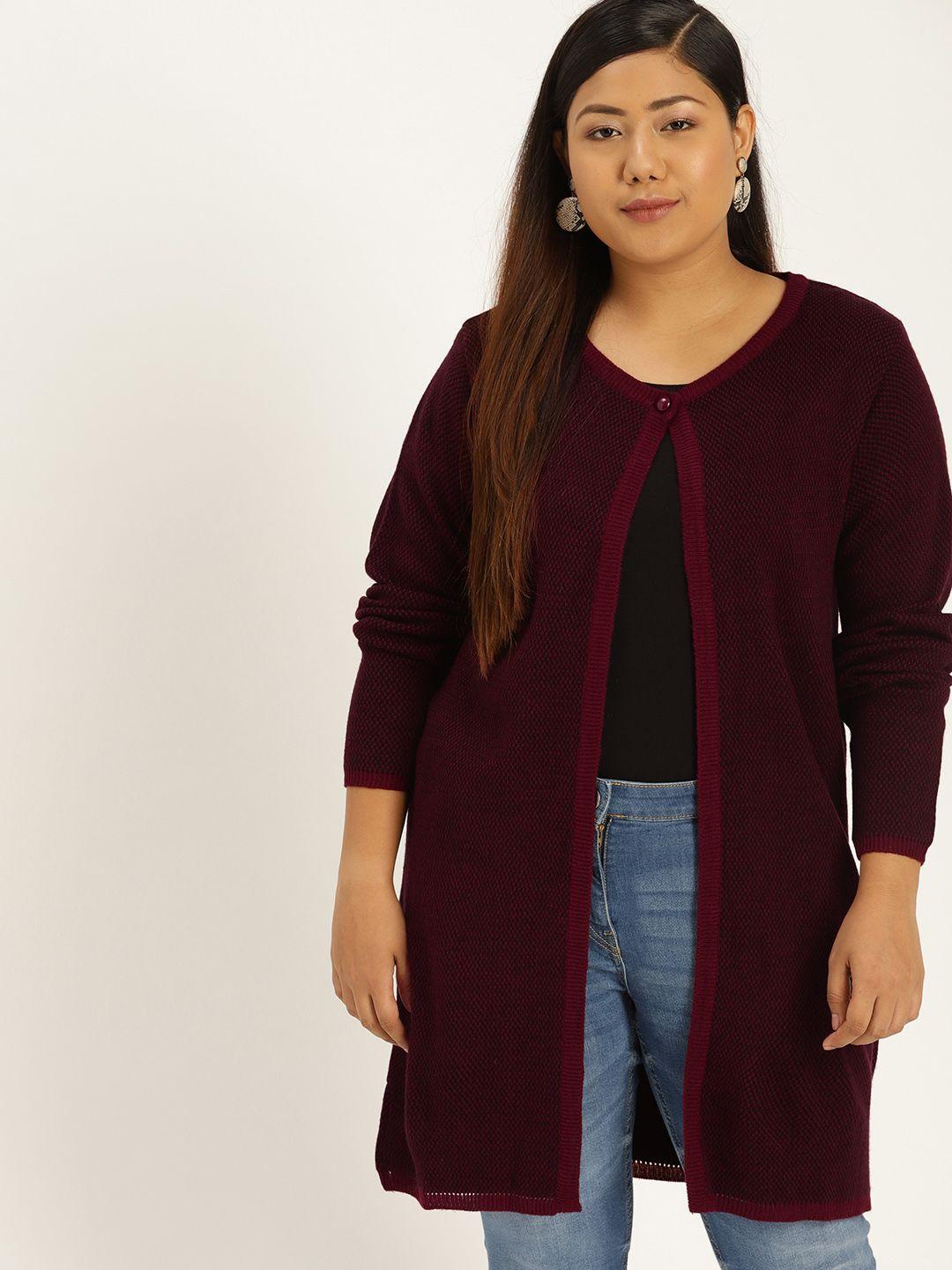 sztori plus size women maroon self design longline front-open sweater