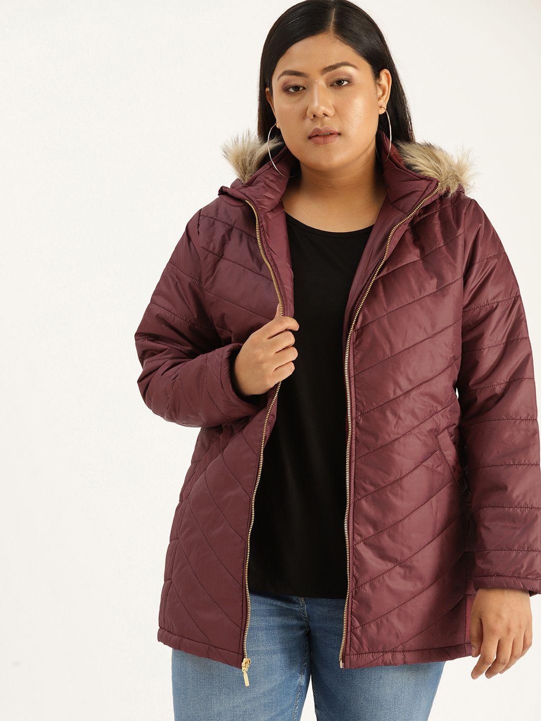 sztori plus size women maroon solid parka hooded jacket