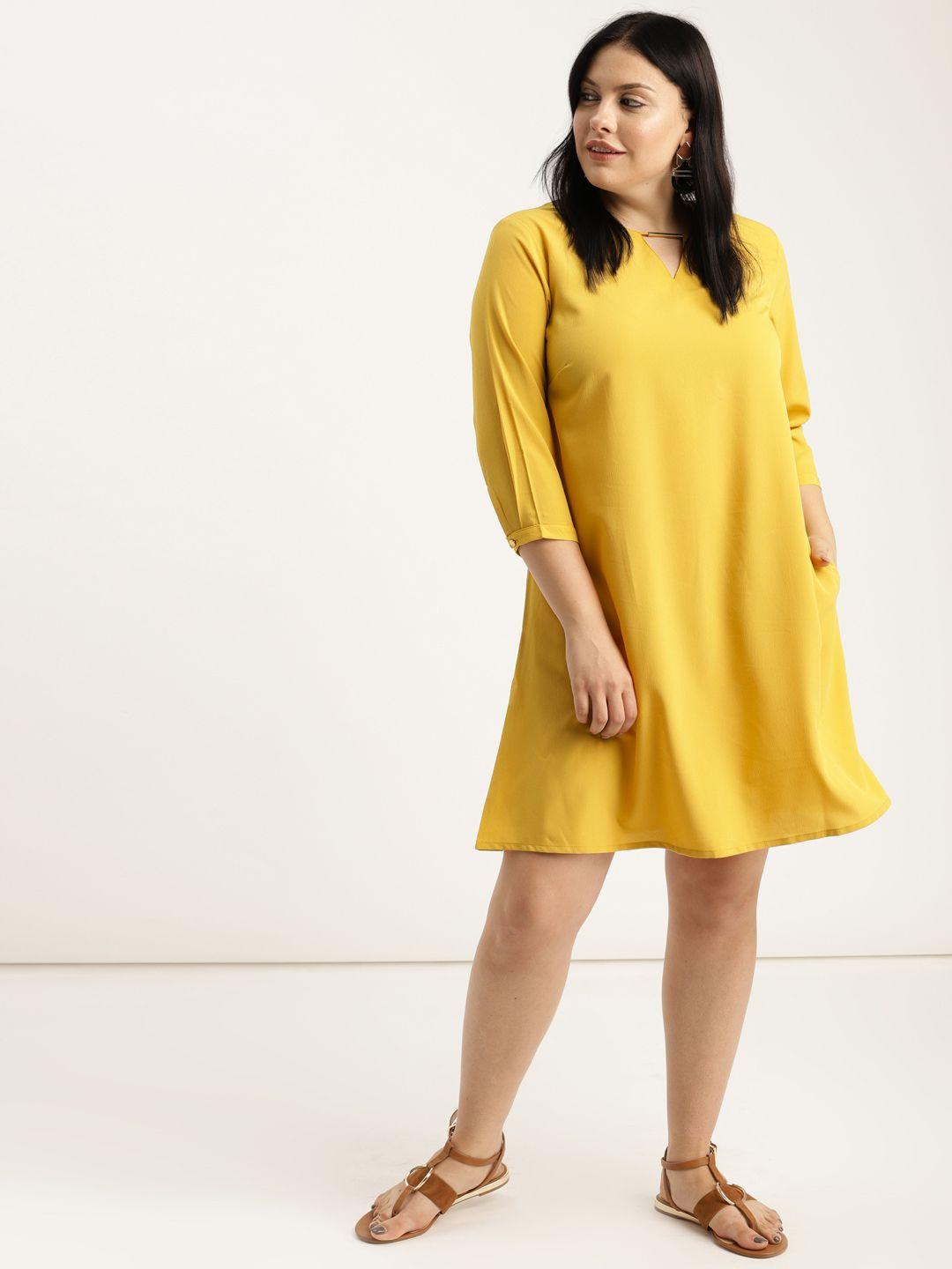 sztori plus size women mustard yellow solid a-line dress