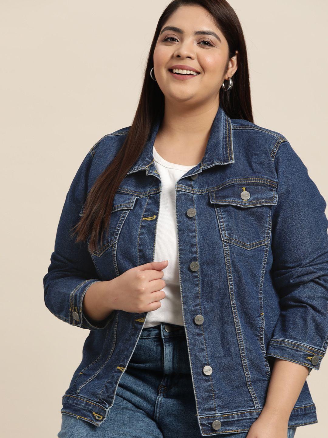 sztori plus size women navy blue pure cotton denim jacket