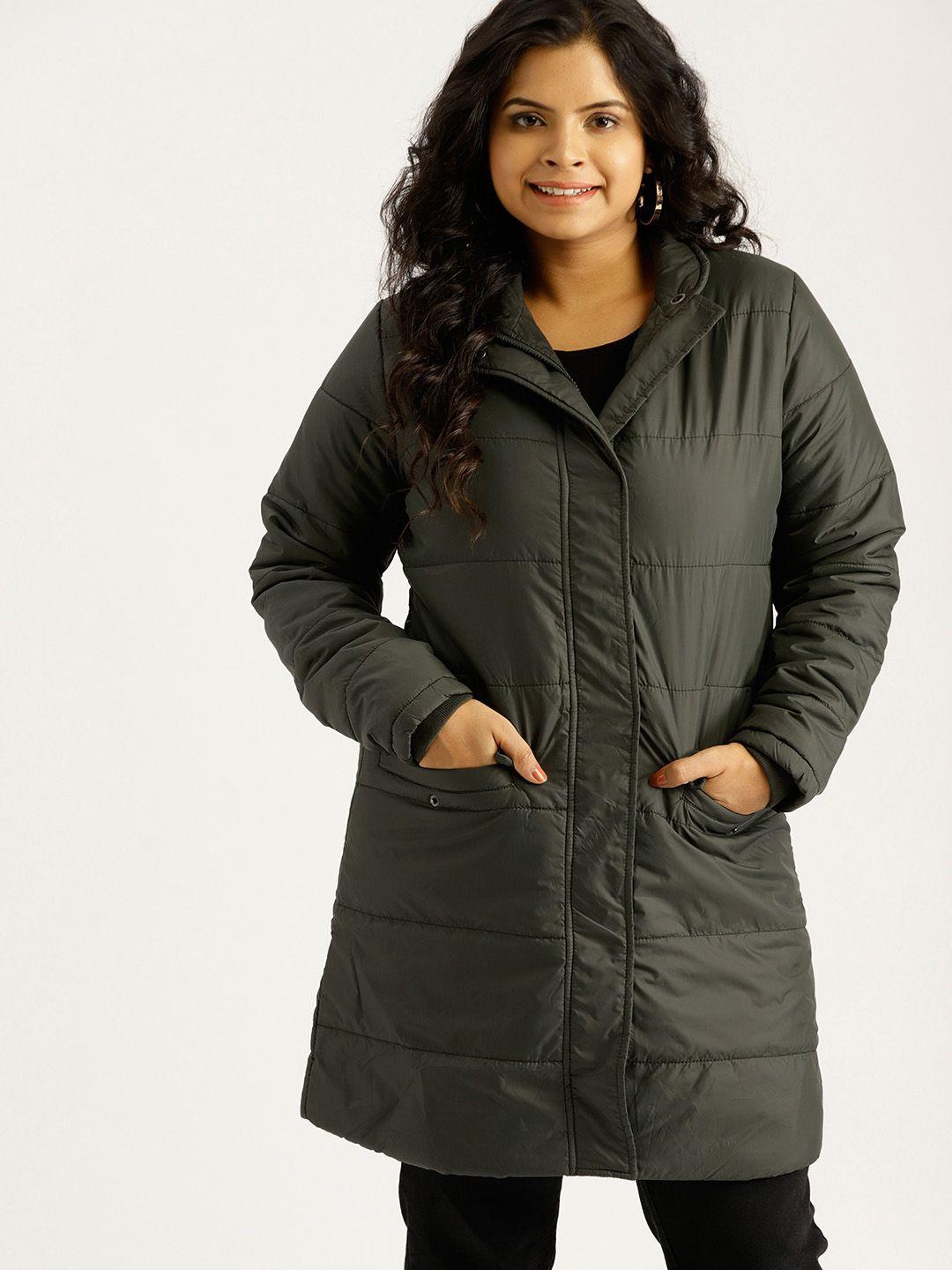 sztori plus size women olive green solid longline padded jacket