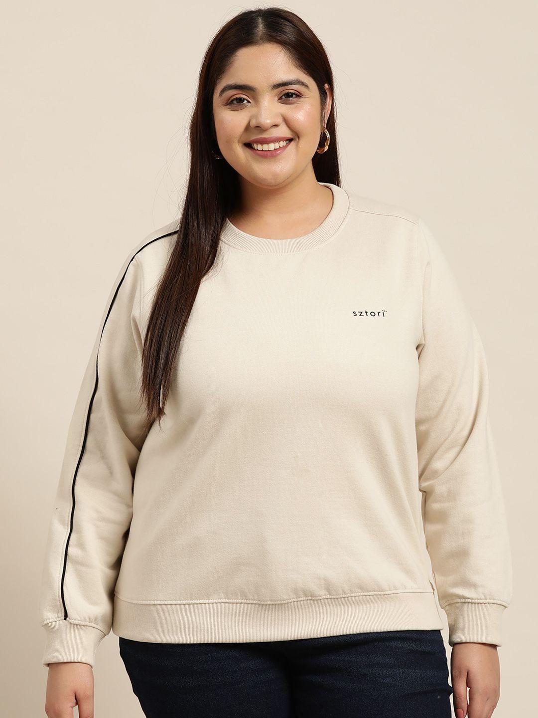 sztori plus size women solid sweatshirt with contrast piping