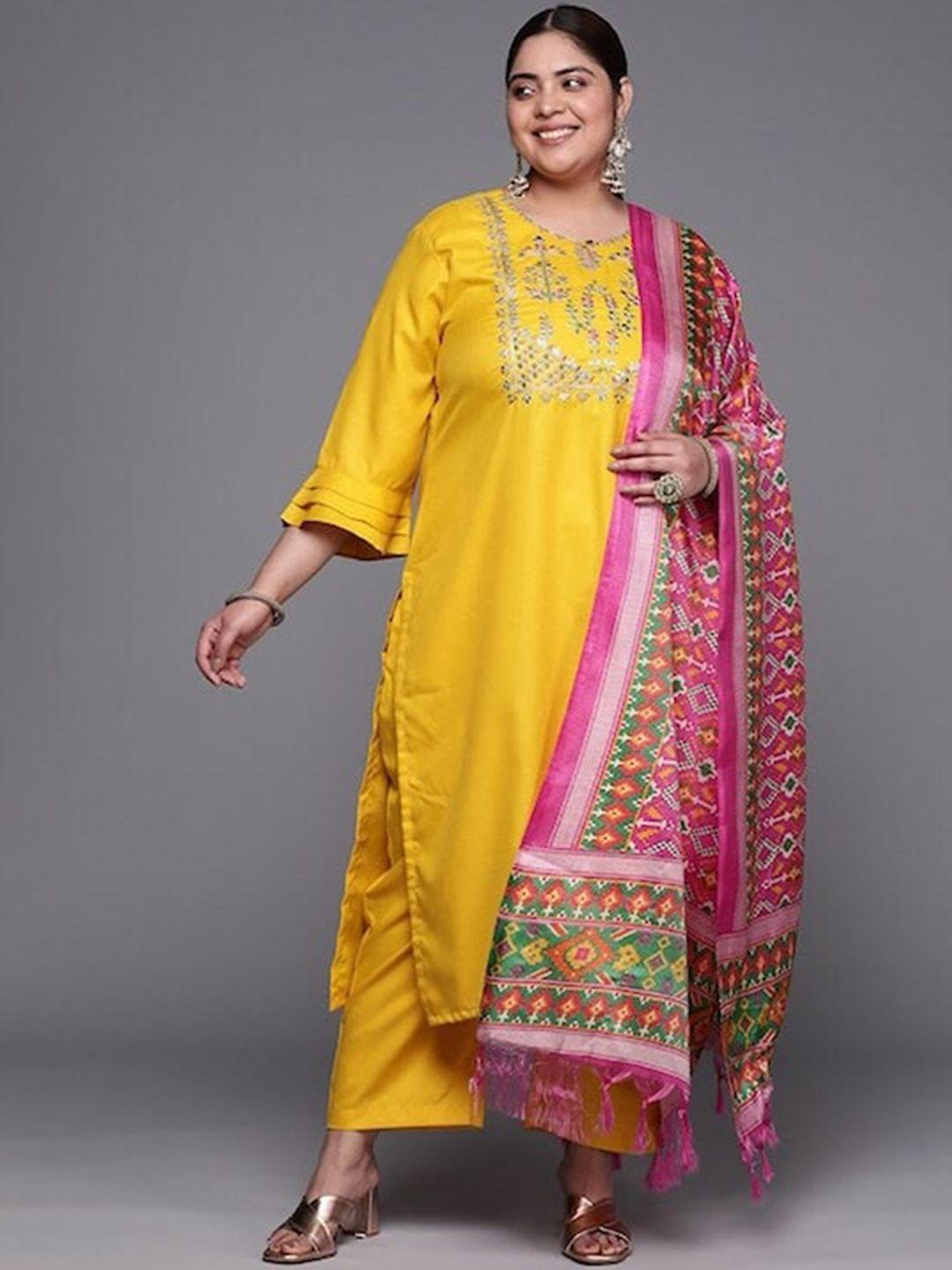 sztori plus size yoke design pure cotton kurta with trousers & dupatta