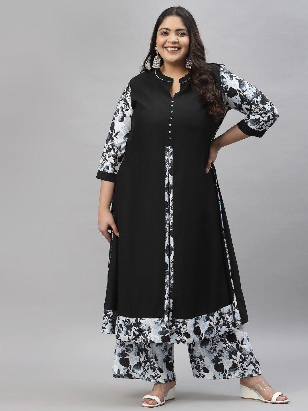 sztori women black floral printed regular kurta with palazzos