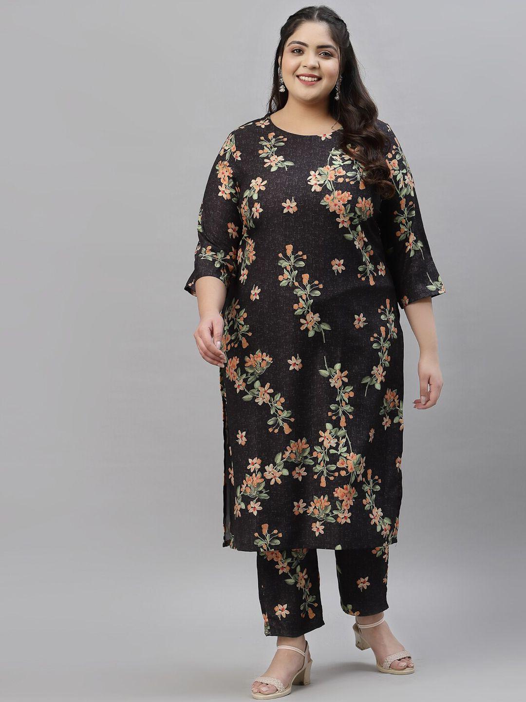 sztori women black floral printed regular kurta with trousers