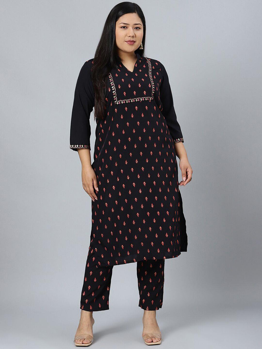 sztori women black floral printed regular kurta with trousers