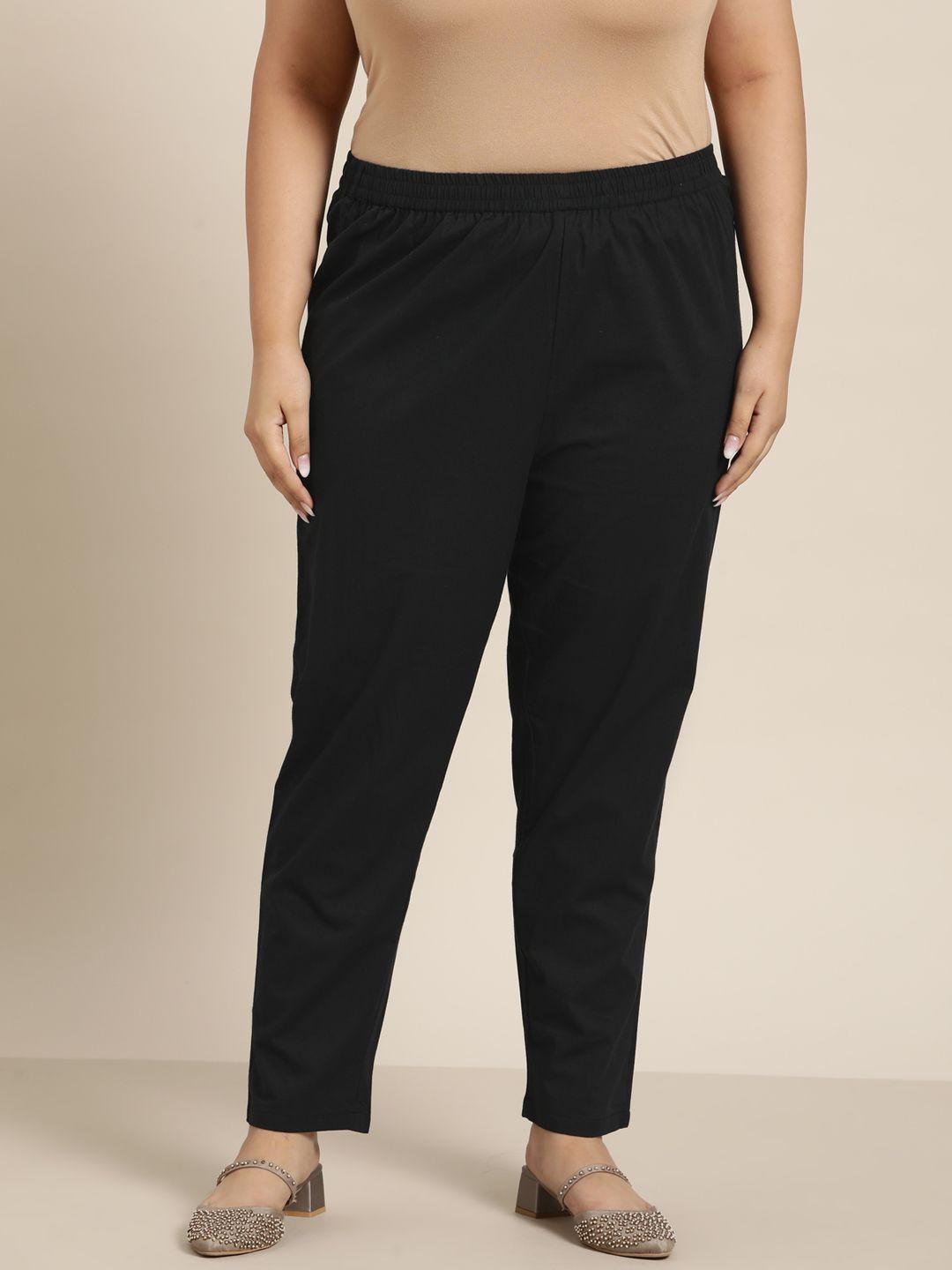 sztori women black solid pure cotton tapered fit trousers