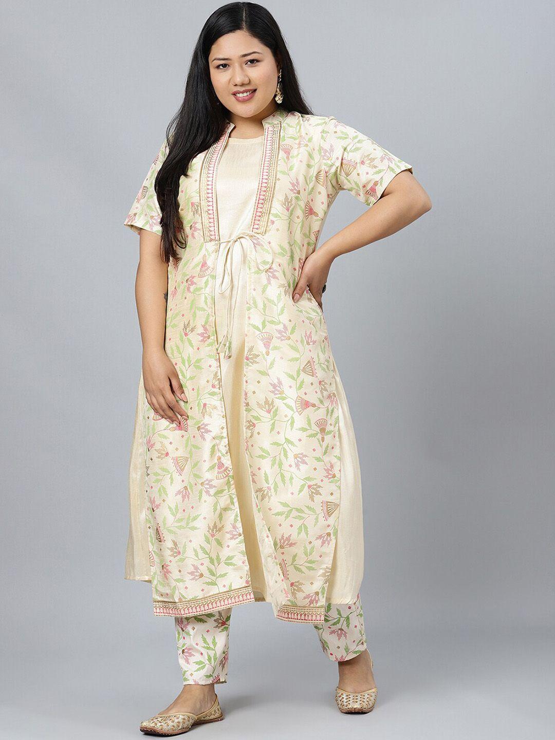 sztori women cream-coloured floral printed regular kurta with trousers