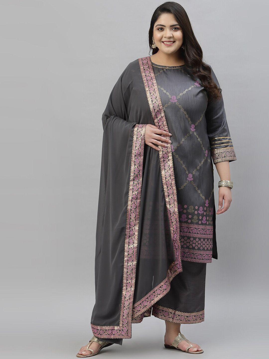 sztori women grey floral printed regular kurta with palazzos & with dupatta