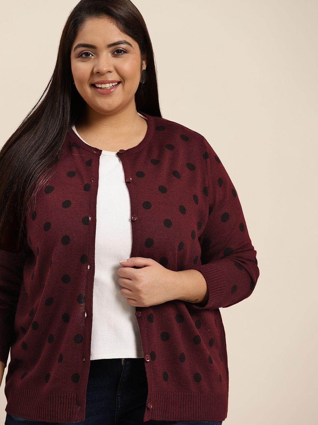 sztori women plus size  maroon & black polka dots printed cardigan