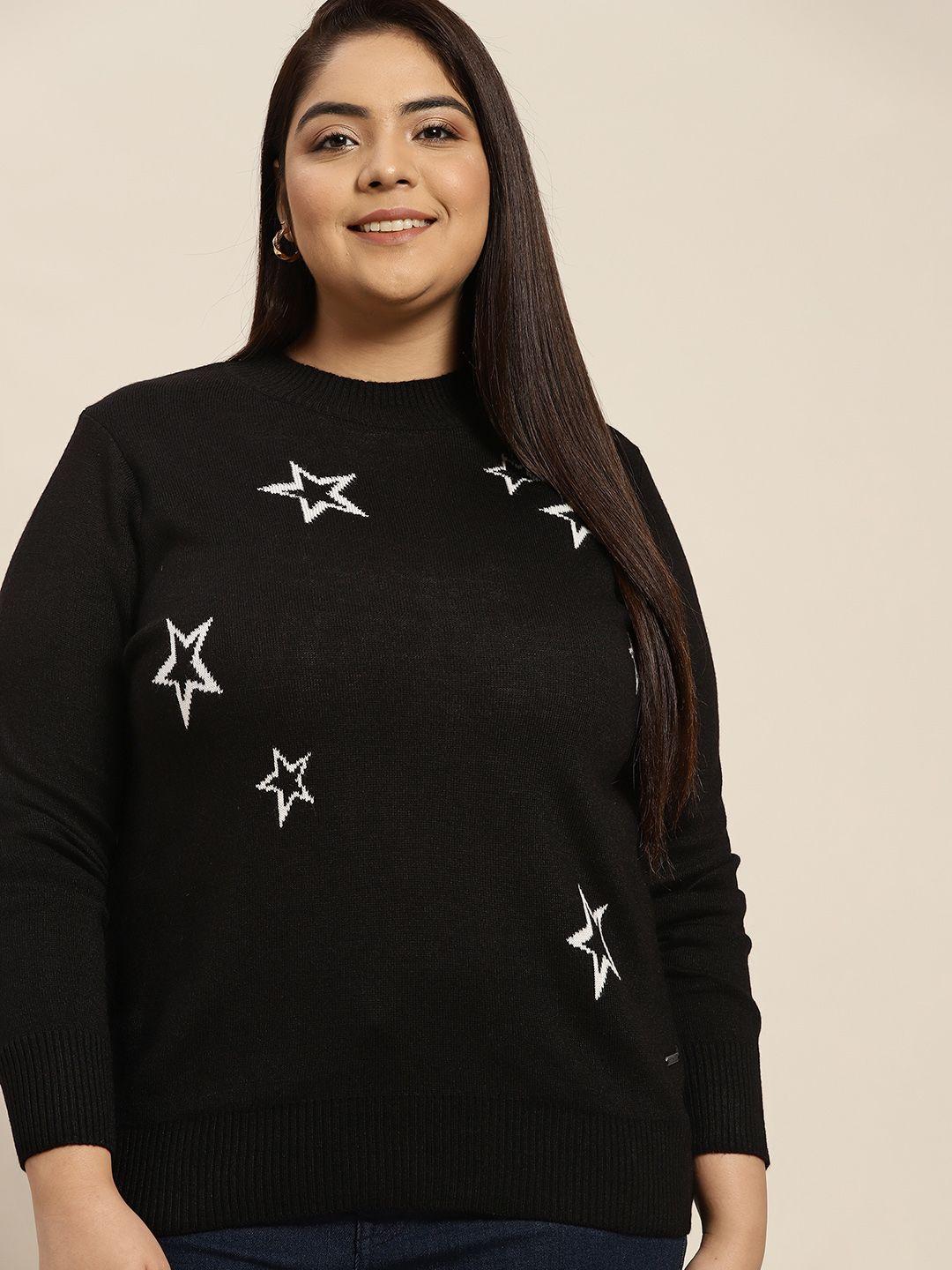 sztori women plus size black & white self design acrylic sweater