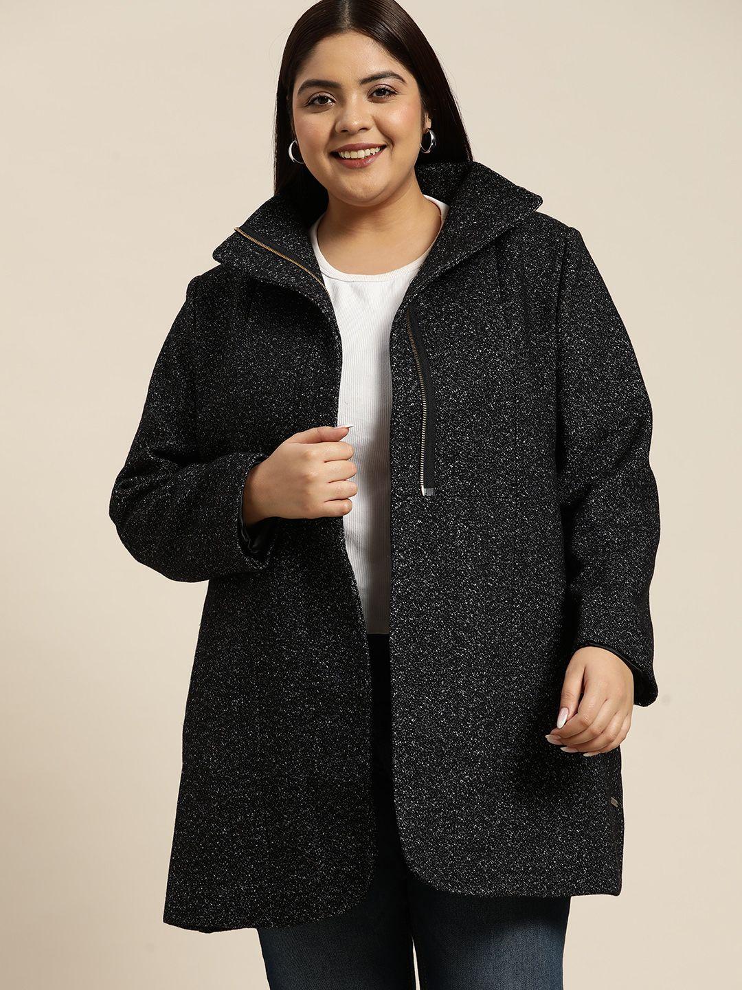 sztori women plus size black & white self design longline  zipper front overcoat