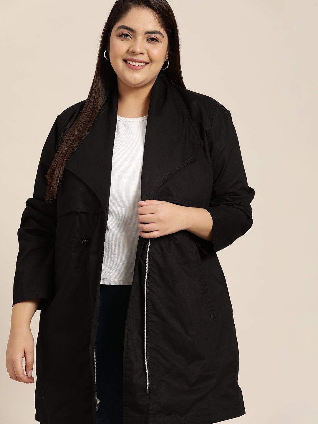 sztori women plus size black cotton solid hip-length overcoat