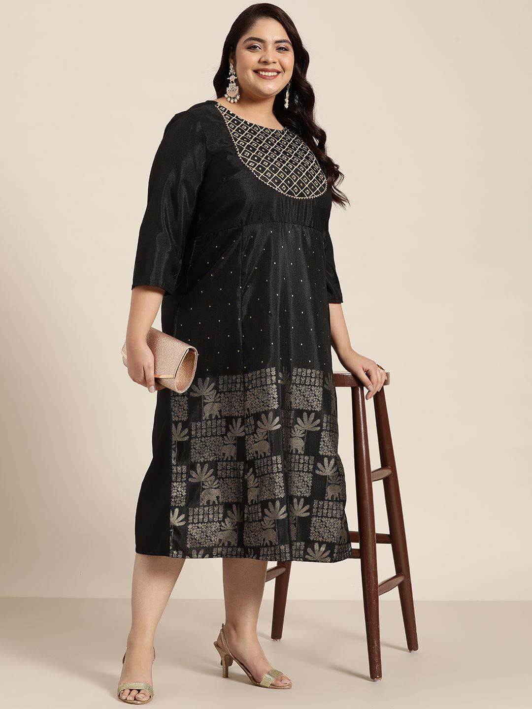 sztori women plus size black ethnic motifs printed embroidered a-line midi dress