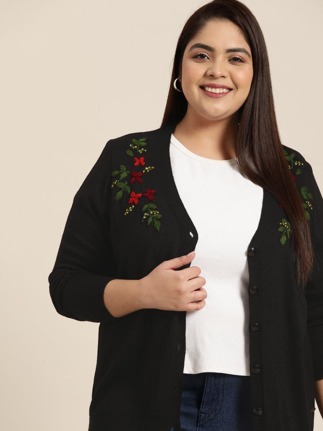 sztori women plus size black floral embroidered longline cardigan