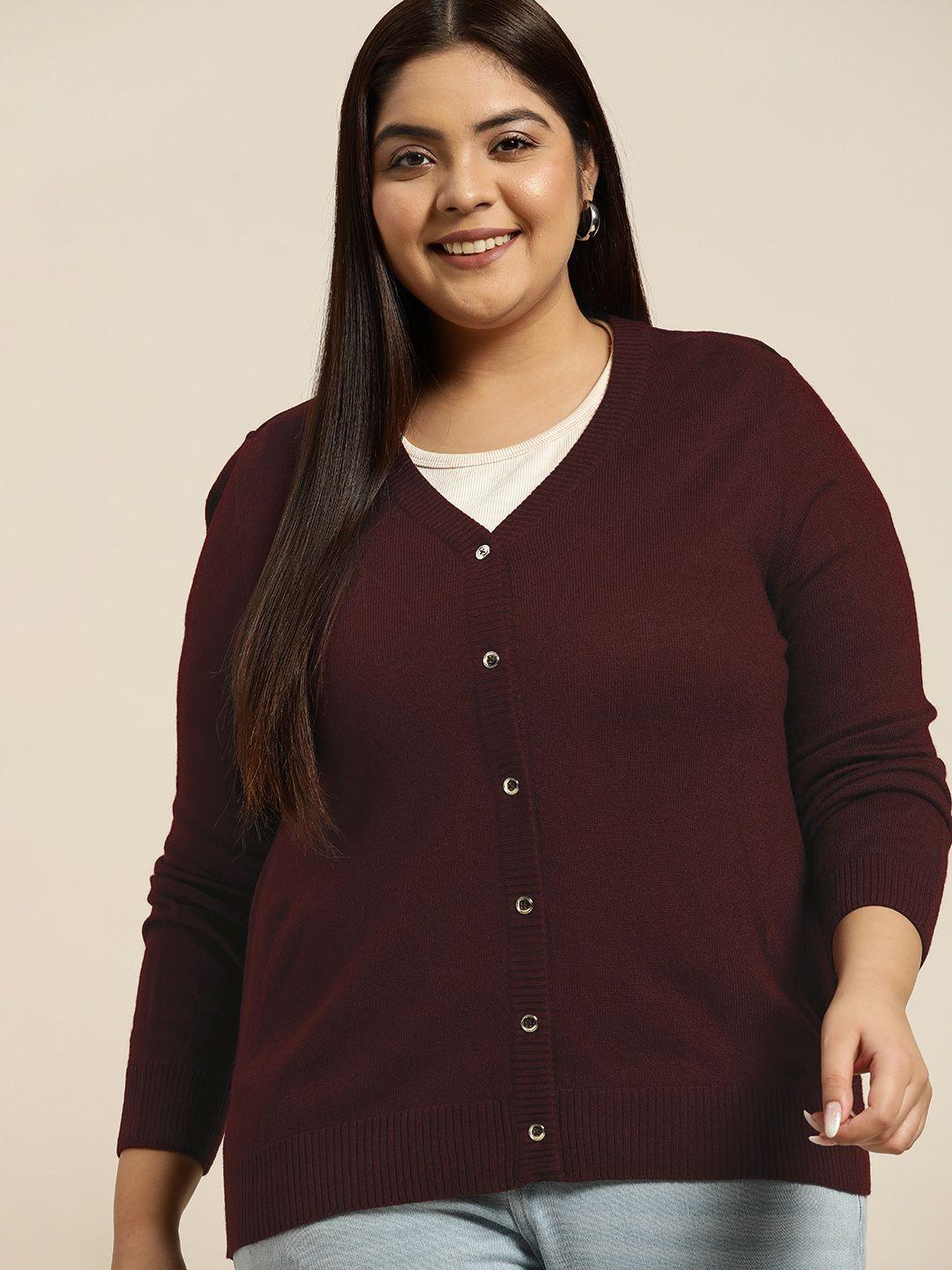 sztori women plus size burgundy solid acrylic cardigan