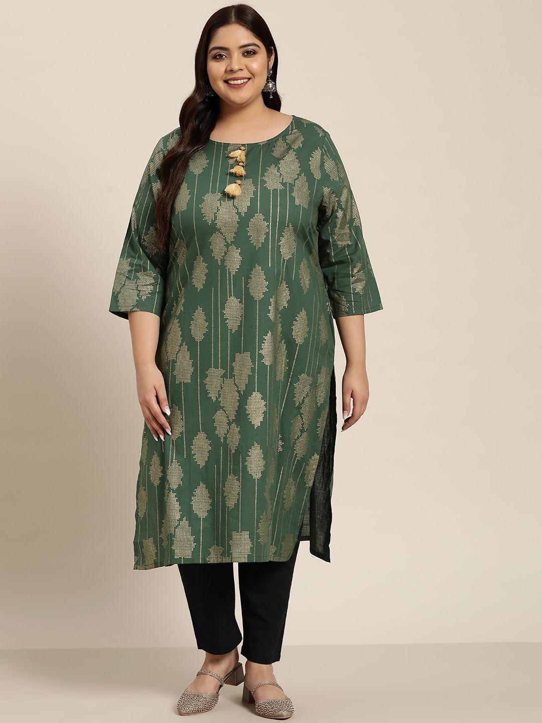 sztori women plus size green & golden printed pure cotton kurta