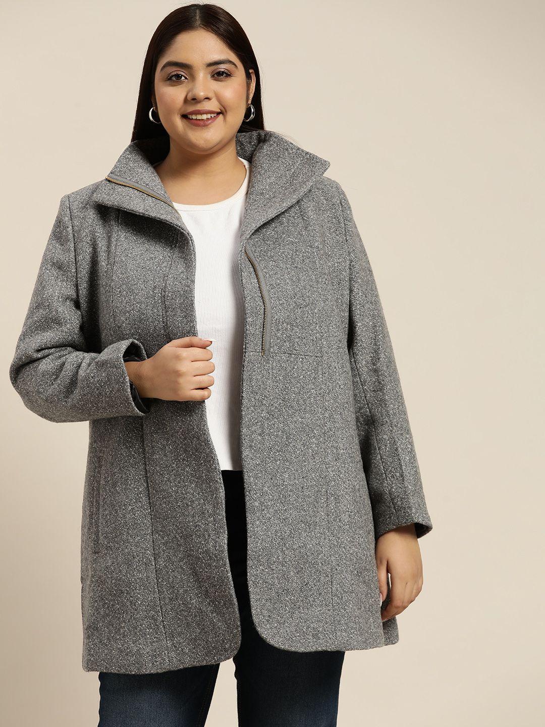 sztori women plus size grey melange self design longline  zipper front overcoat