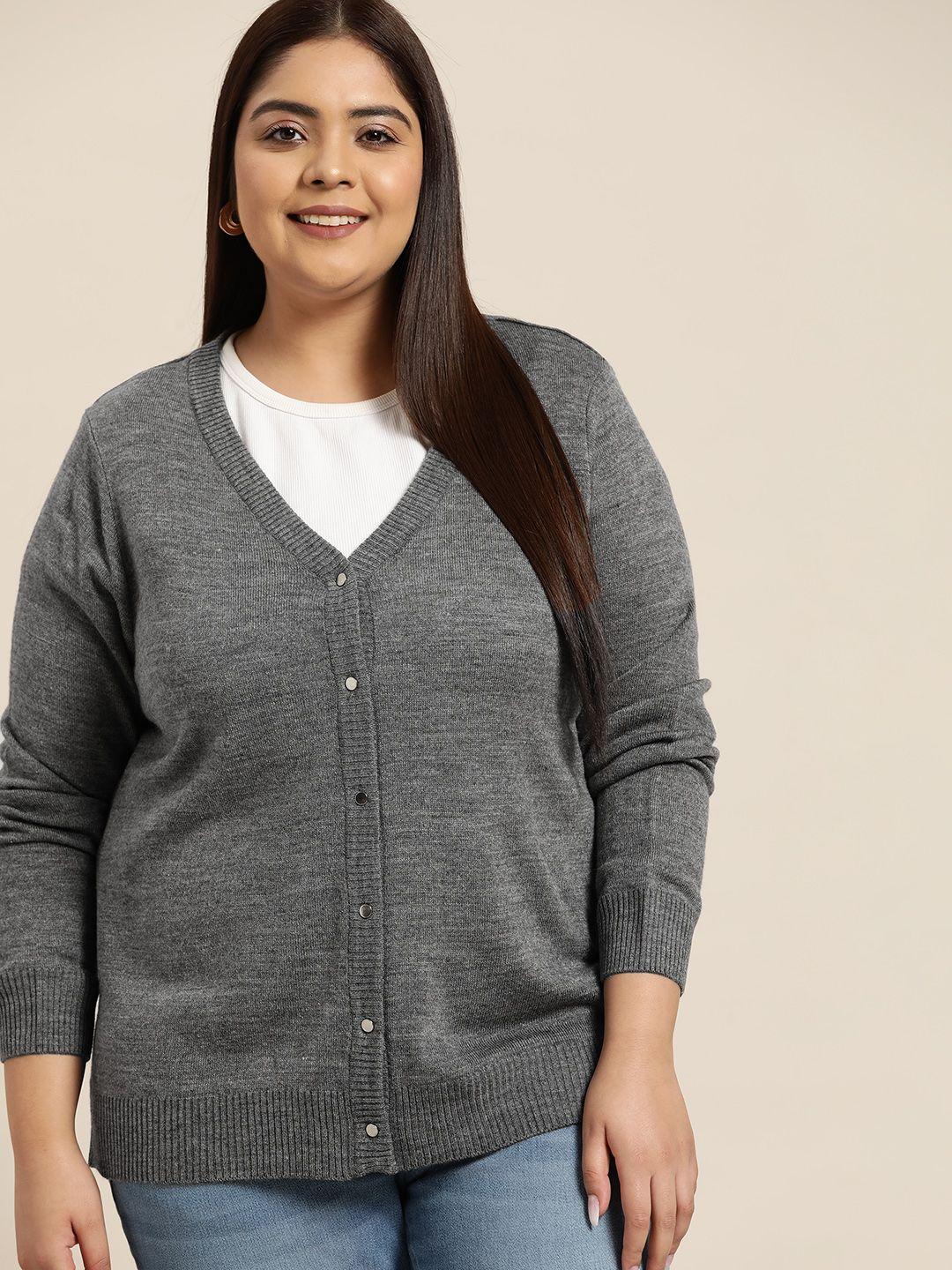 sztori women plus size grey solid v-neck cardigan