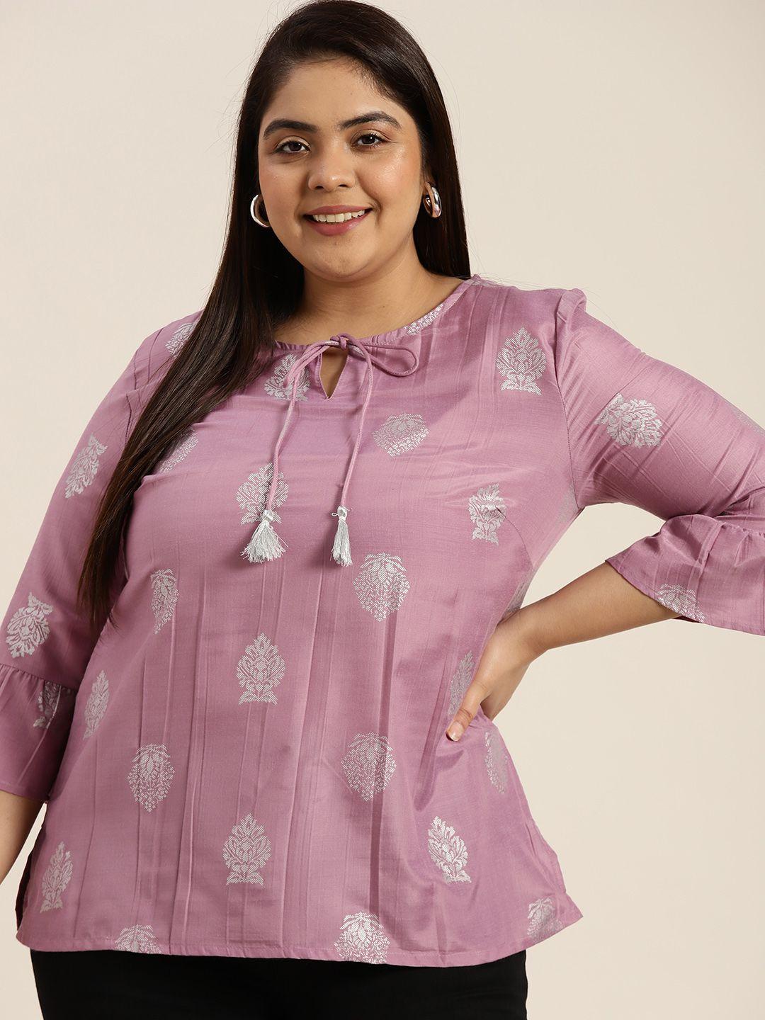sztori women plus size lavender & silver ethnic motifs printed flared sleeves kurti