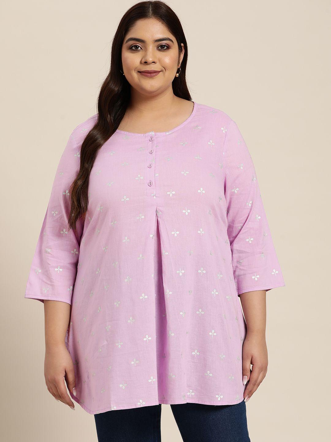 sztori women plus size lavender floral print pure cotton pleated kurti