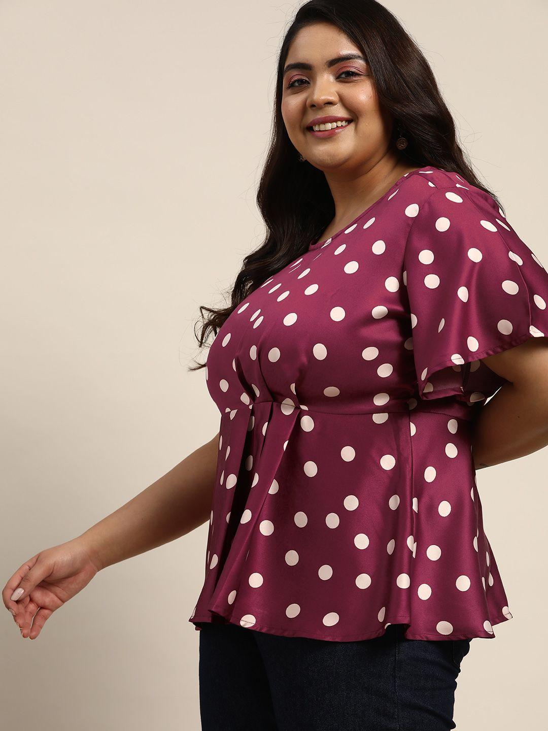 sztori women plus size magenta & off white polka dots print pleated a-line top