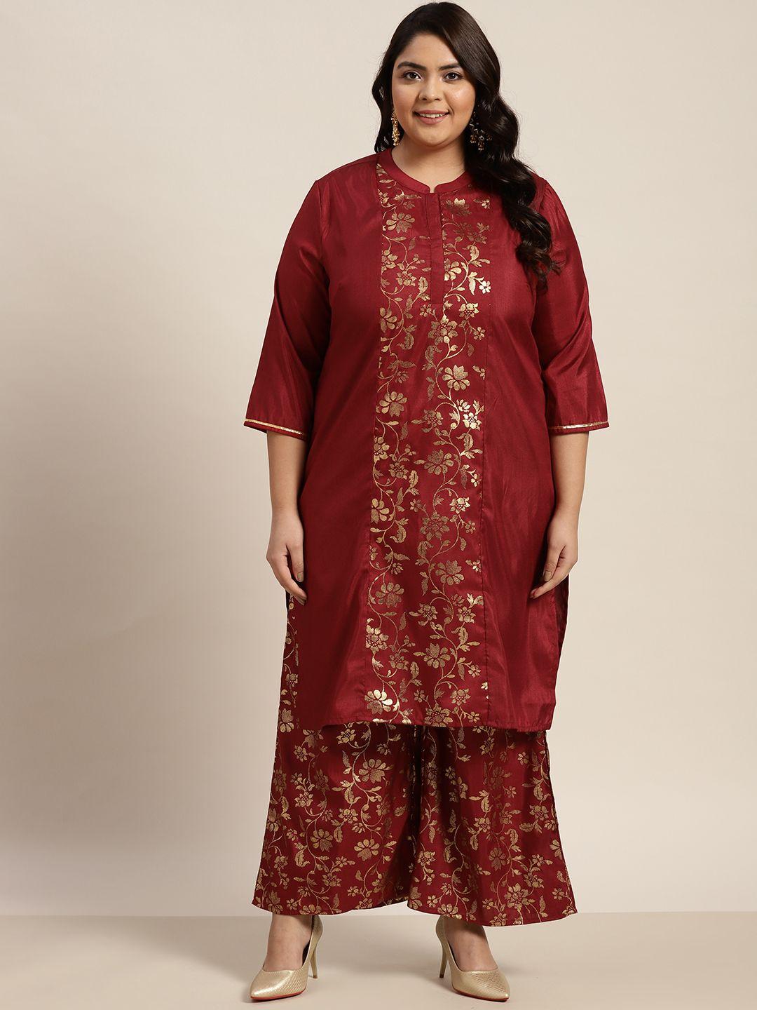 sztori women plus size maroon & golden ethnic motifs printed panelled kurta with palazzos