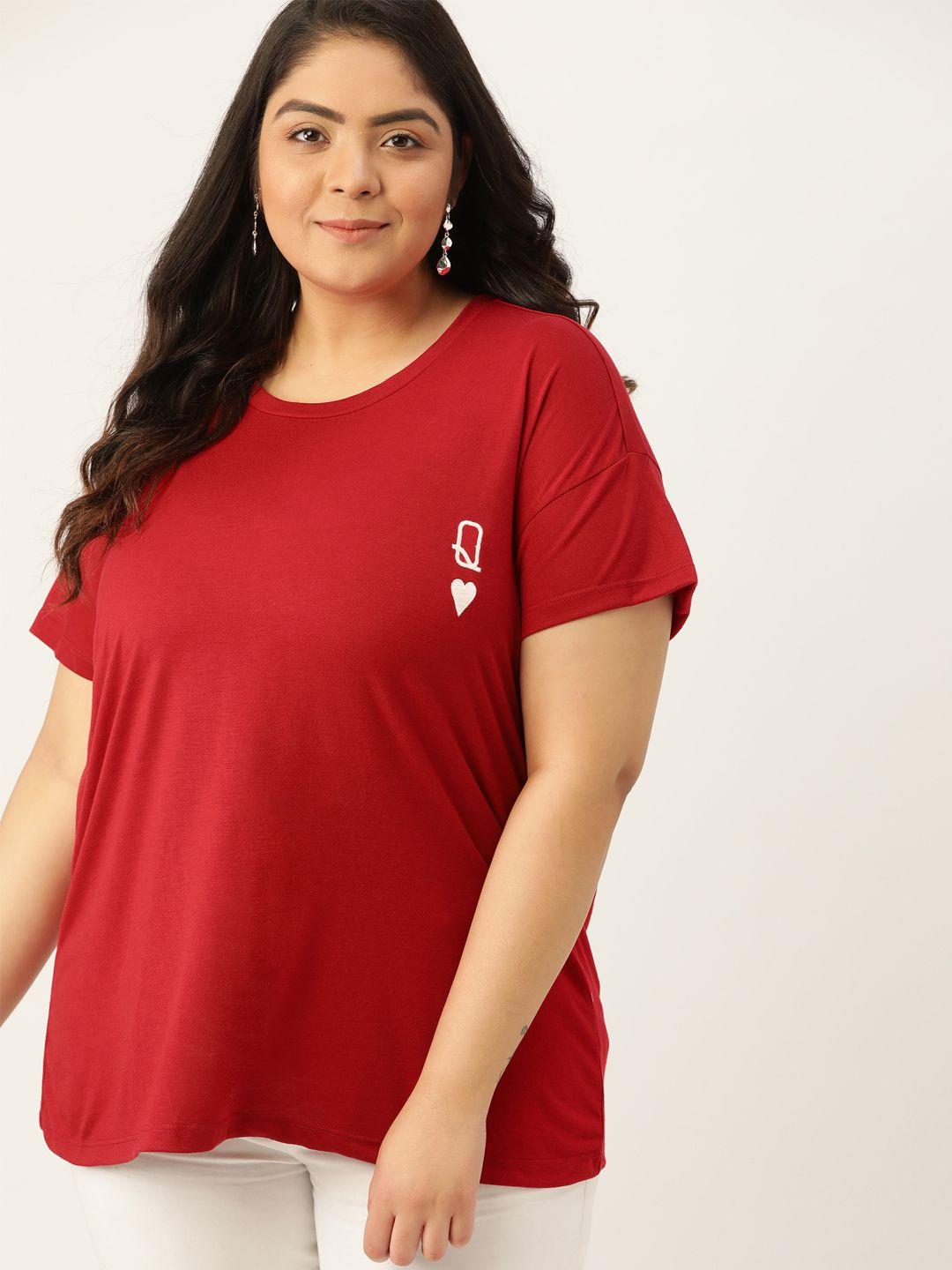 sztori women plus size maroon drop-shoulder sleeves t-shirt