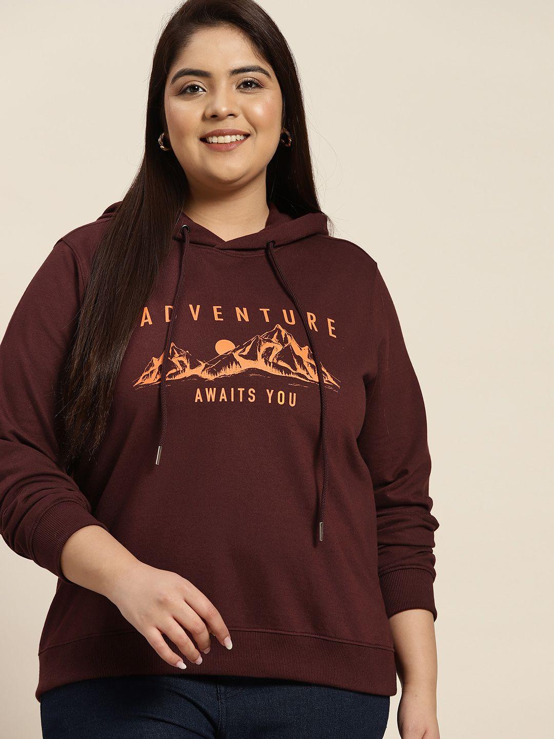 sztori women plus size maroon printed hooded sweatshirt