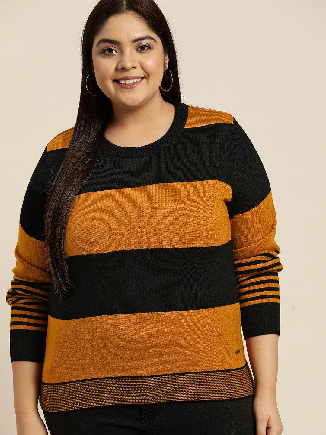 sztori women plus size mustard brown & black striped sweater