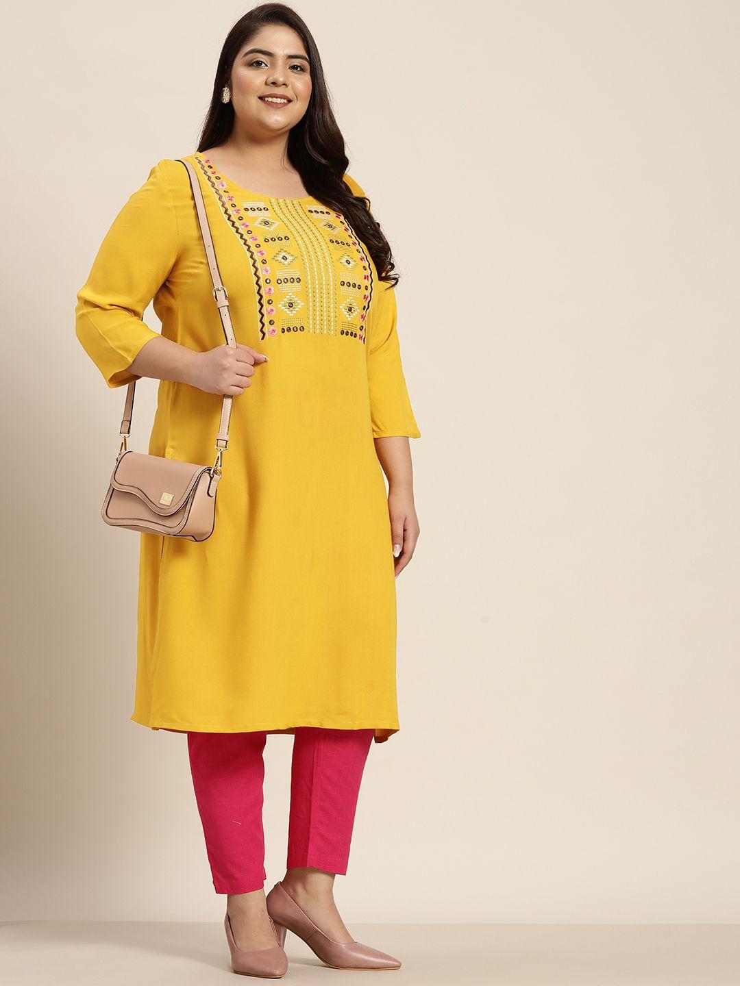 sztori women plus size mustard yellow ethnic motifs embroidered mirror work kurta