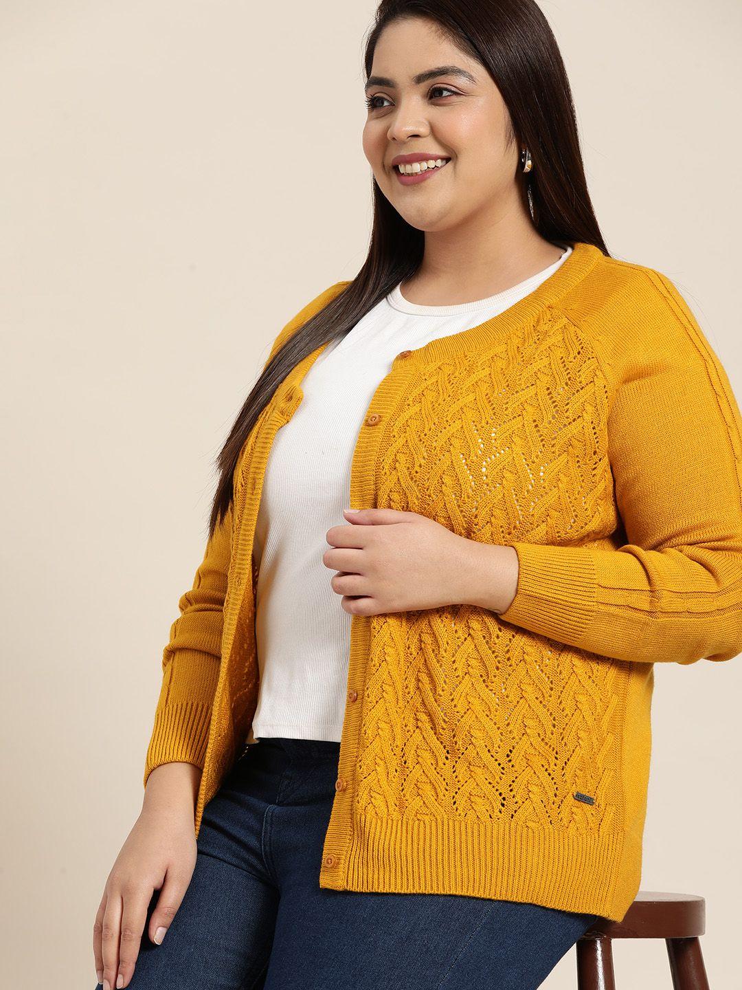 sztori women plus size mustard yellow self design longline cardigan