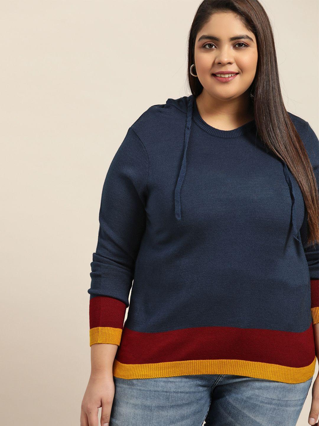 sztori women plus size navy blue & maroon acrylic solid hooded pullover