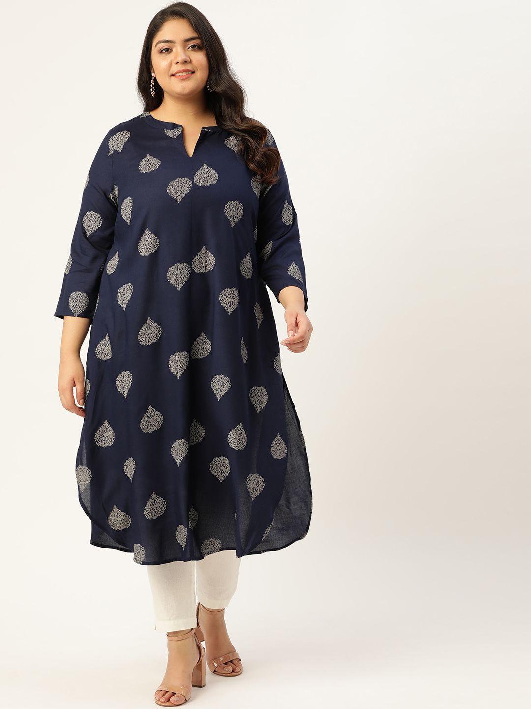 sztori women plus size navy blue & off white ethnic motifs print straight kurta