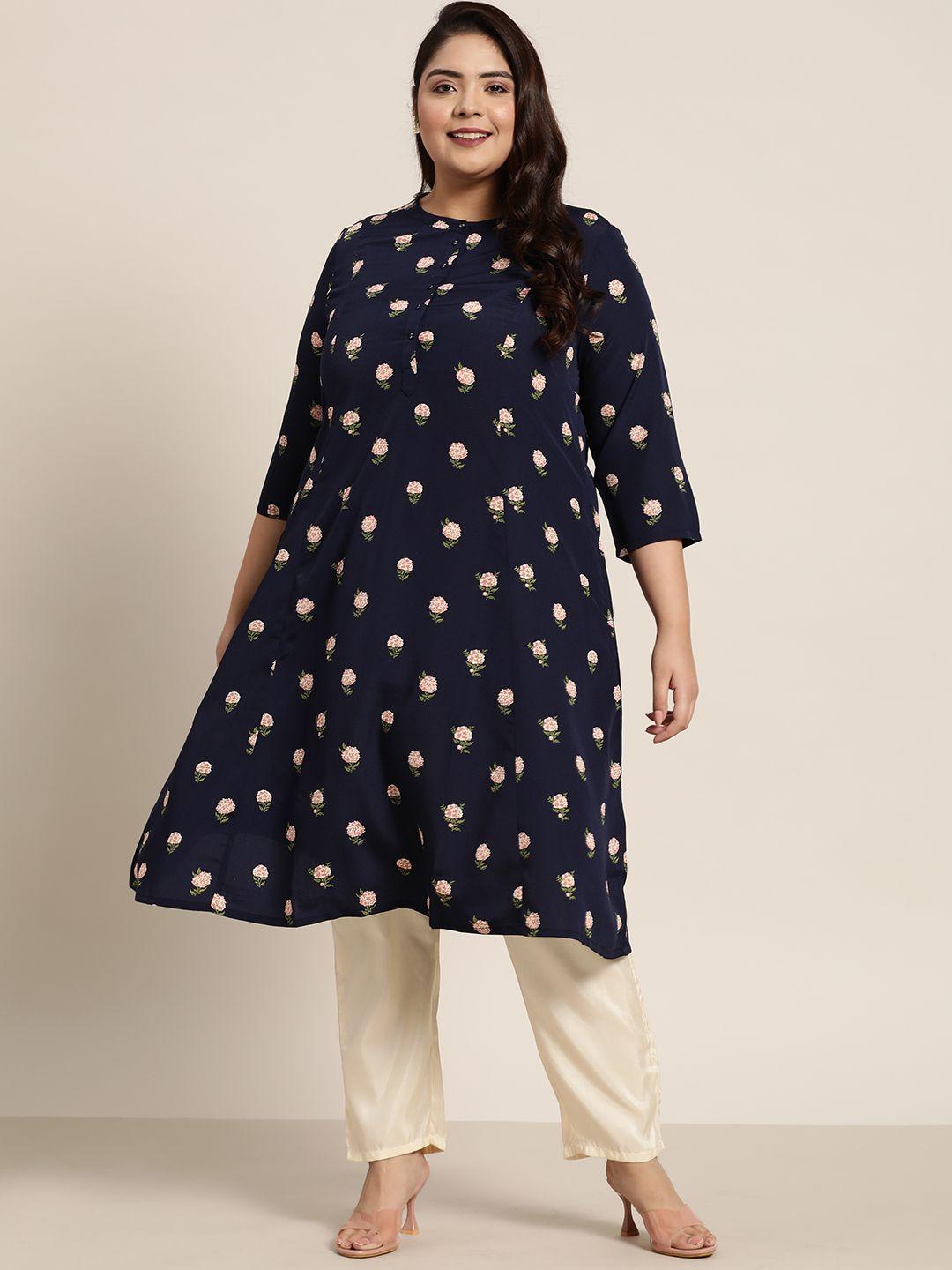 sztori women plus size navy blue & pink floral printed floral a-line kurta