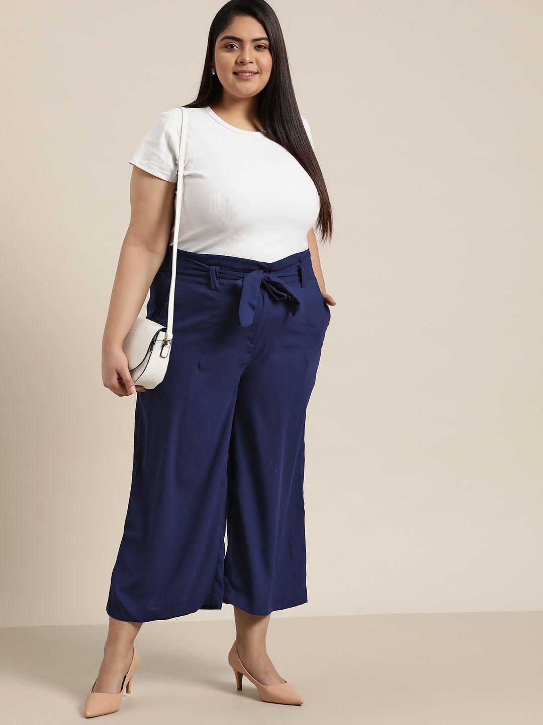 sztori women plus size navy blue high-rise solid paperbag waist parallel trousers
