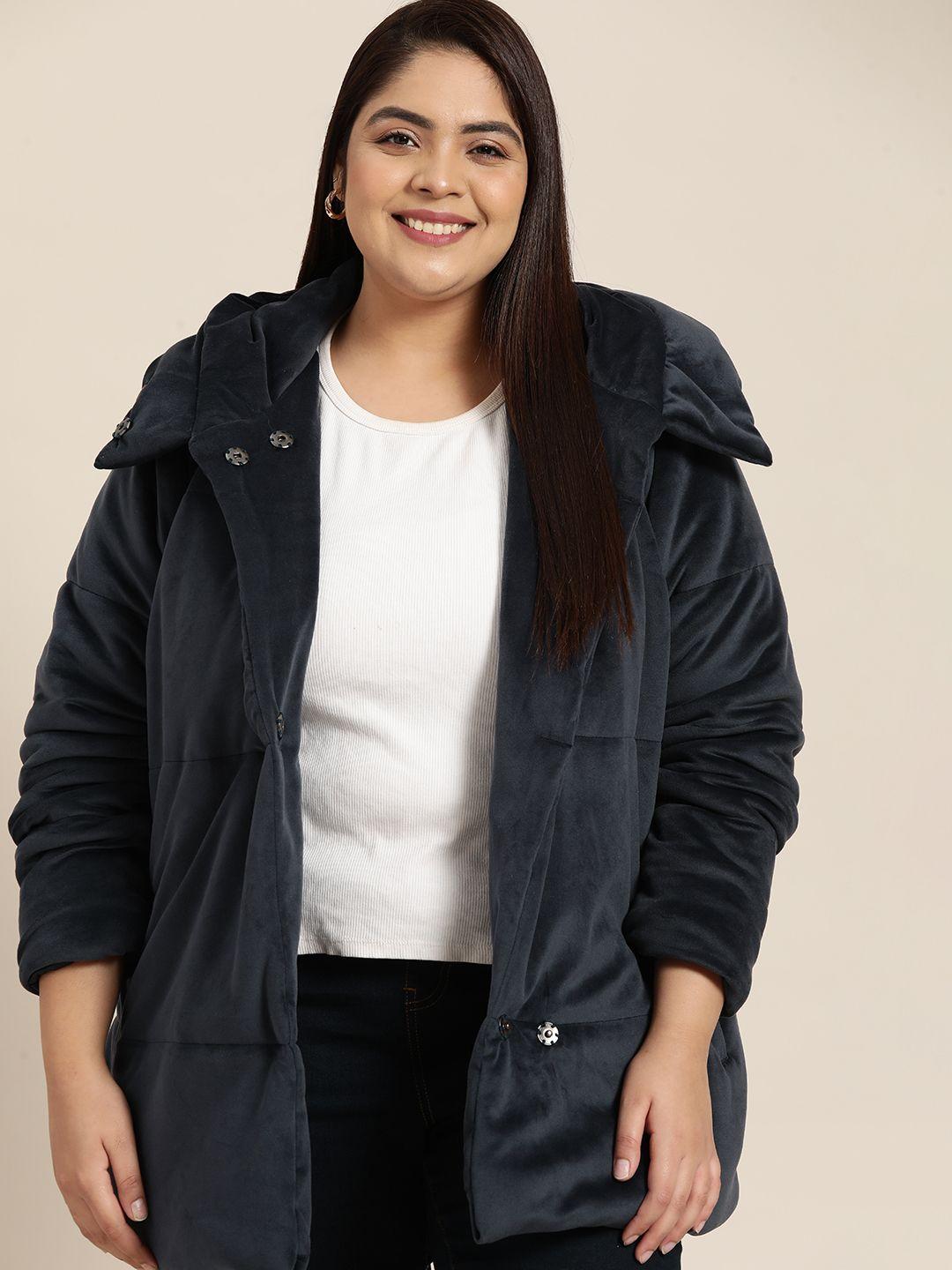 sztori women plus size navy blue hooded padded jacket