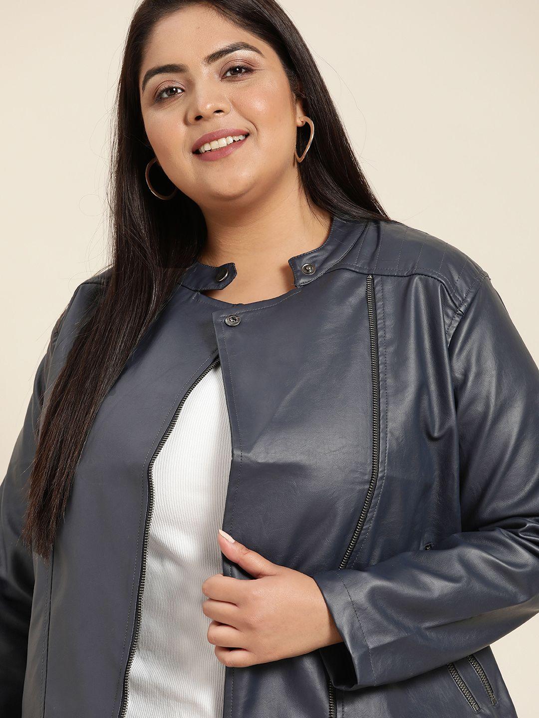 sztori women plus size navy blue solid coated asymmetric closure biker jacket