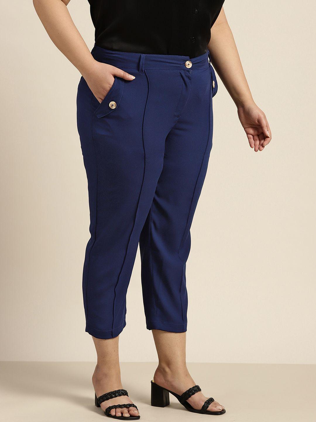 sztori women plus size navy blue solid cropped trousers