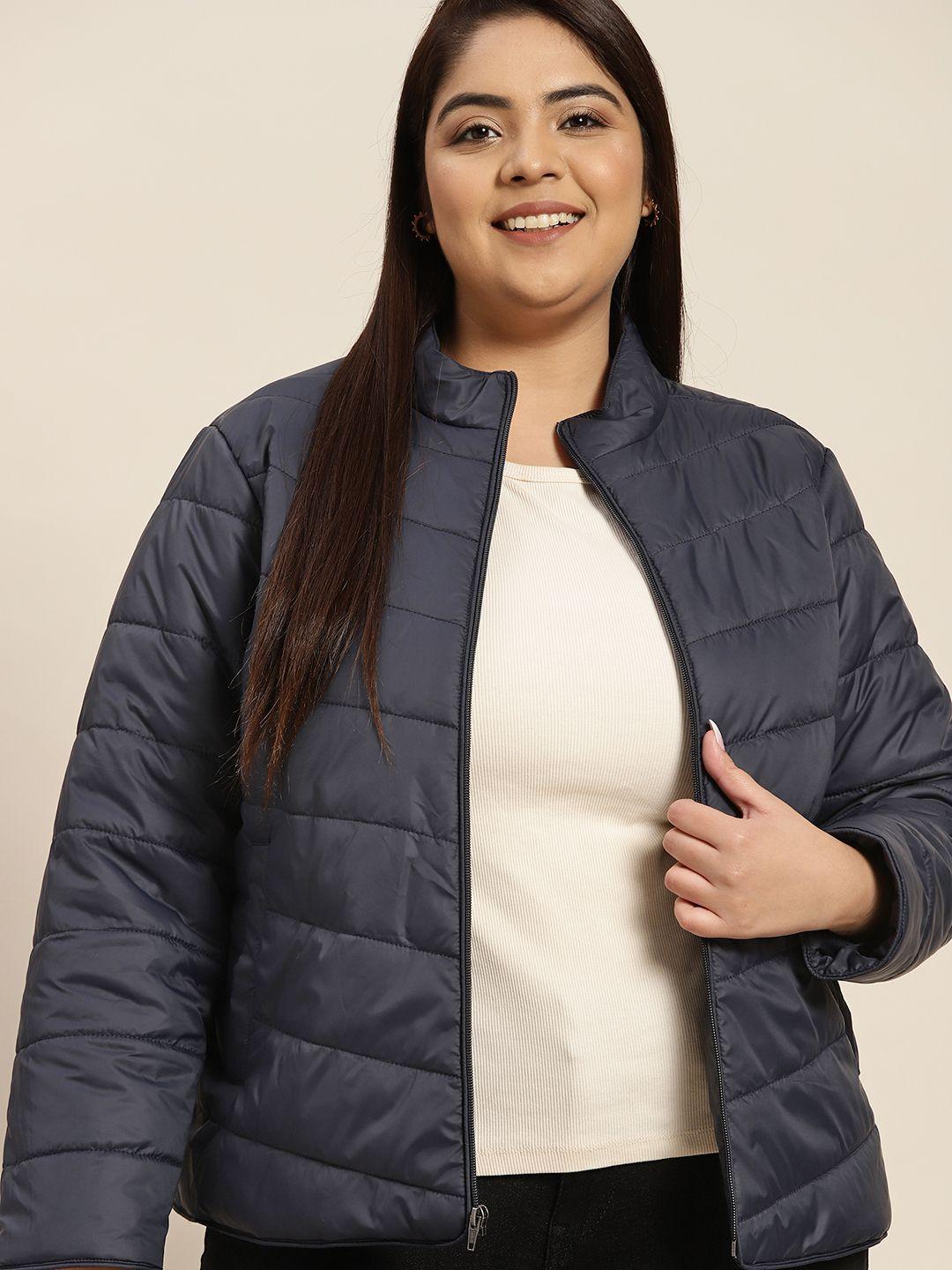 sztori women plus size navy blue solid padded jacket