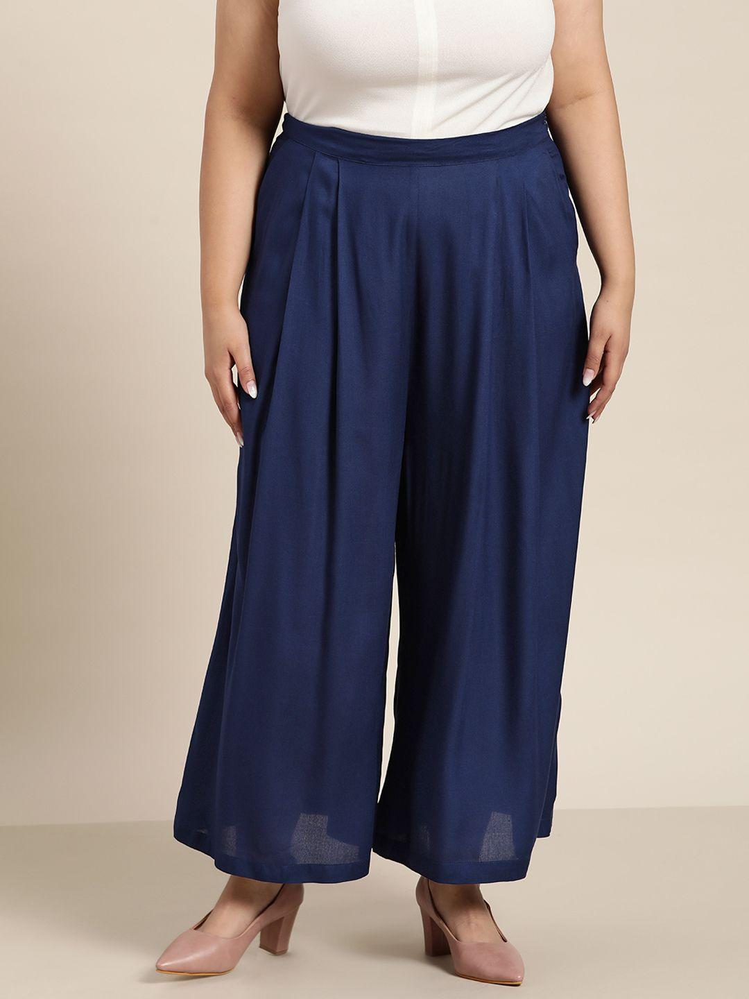 sztori women plus size navy blue solid pleated culottes trousers
