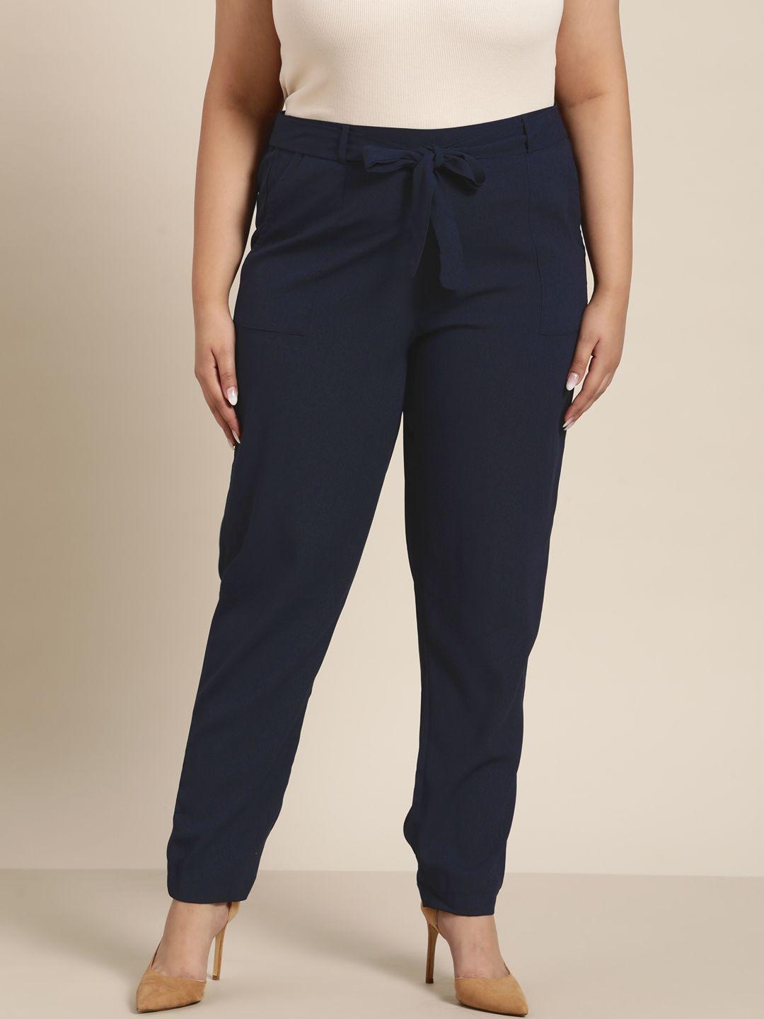 sztori women plus size navy blue solid trousers with belt