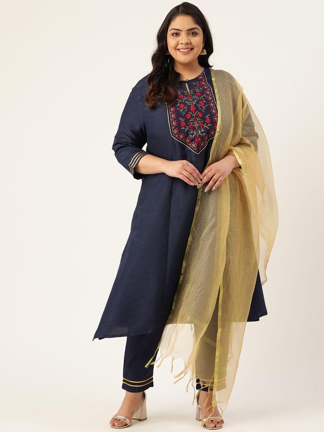 sztori women plus size navy blue yoke design kurta with trousers & dupatta