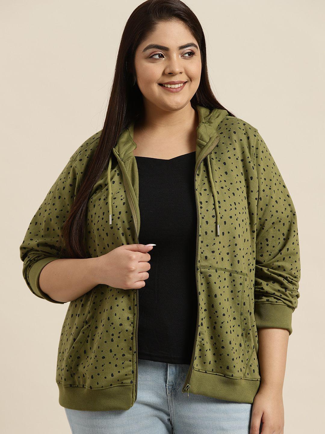 sztori women plus size olive green & black printed front-open hooded sweatshirt